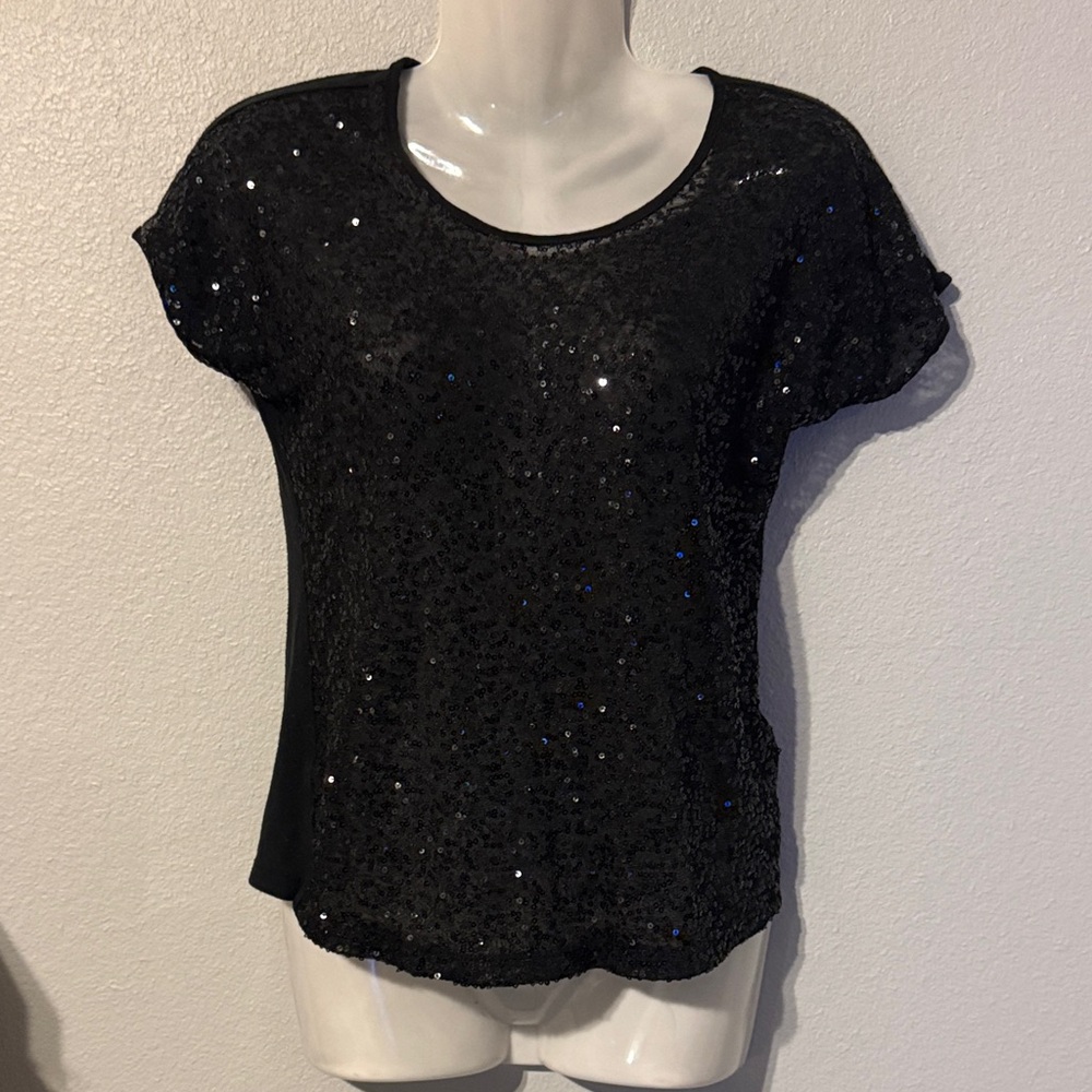 Charlotte Russe Elegant Black Sequin Short Sleeve Top